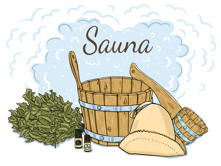 Composition of items for the sauna. Isolated objects on a white background. Doodle style.のイラスト素材