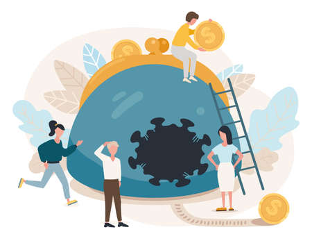 Little people are preoccupied with a hole in their wallet. Symbolizes financial losses due to the pandemic.のイラスト素材