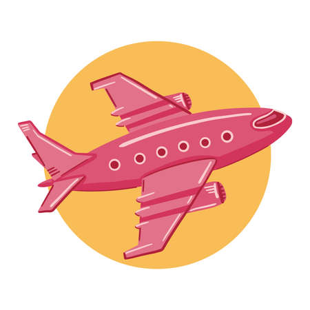Illustration of a pink plane flies on a yellow circle background. Simple, cute style.のイラスト素材