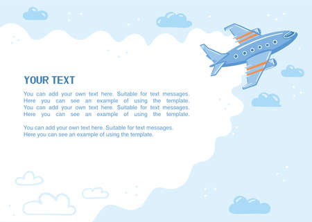 Illustration of an airplane in the sky with place for text. Blue template with blank space. Simple cute style.のイラスト素材