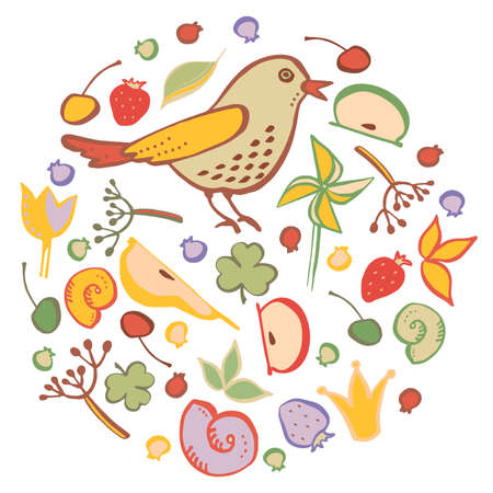 A set of elements in the form of a circle on the theme of nature. Bird, fruits, berries, twigs.のイラスト素材