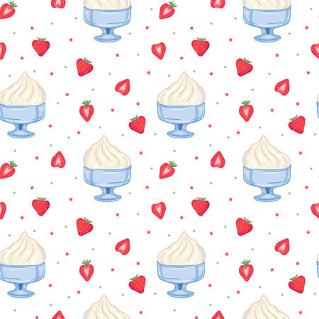 Seamless pattern ice cream in glass vase and strawberry on white background. Doodle style.のイラスト素材