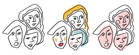 Set hand drawing abstract line woman. Free hand drawn. Black outline and color image.のイラスト素材