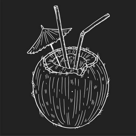 Illustration cocktail in half a coconut, with straws and an umbrella on a background of tropical leaves. White chalk image in doodle style.のイラスト素材