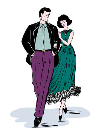 Illustration of an elegant couple walking in an embrace. Color image in fashion retro style.のイラスト素材