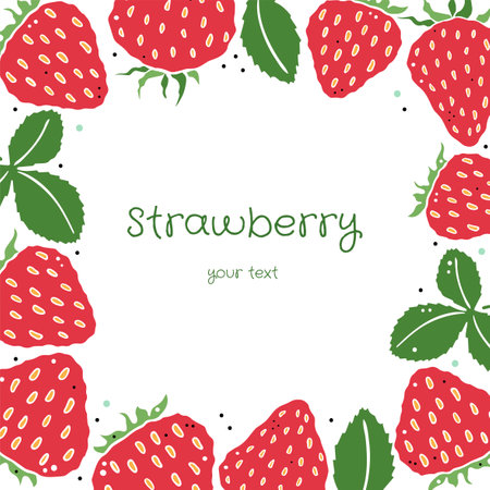 Square frame of strawberry on a white background. Doodle style. Doodle style. Place for your text.のイラスト素材