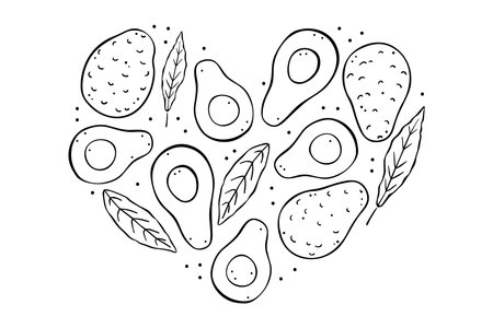 Illustration avocado black outline on white background in the shape of a heart. Doodle style.のイラスト素材
