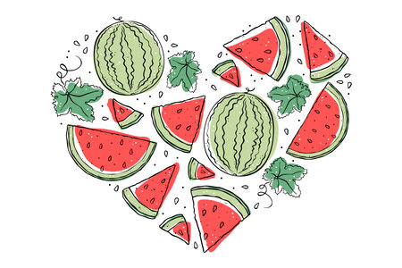 Illustration colourful watermelon slices in the shape of a heart. Doodle style. Isolated object on white background.のイラスト素材