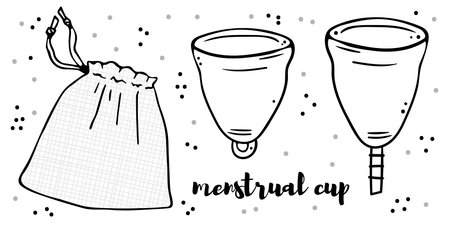 Illustration set of menstrual cups with different ponytails. Black outline on a white background. Simple line doodle style.のイラスト素材