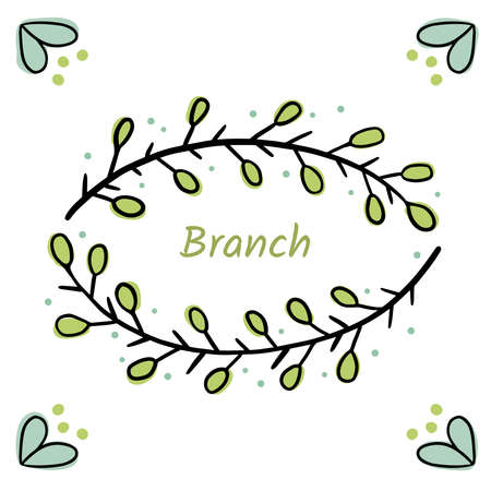 Frame of branches for text decoration in doodle style. Minimalistic, natural elements. Black outline and colored accents on a white background.のイラスト素材