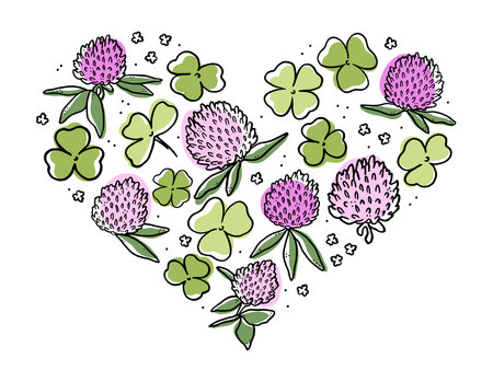 Illustration of flowers and leaves of clover are lined in the shape of a heart. Simple doodle style. Isolated black contour objects on a white background.のイラスト素材