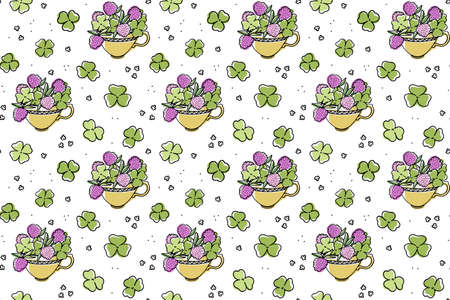 Illustration of seamless pattern tea cup with a bouquet of clovers inside. Simple doodle style. Isolated black contour objects on a white background.のイラスト素材