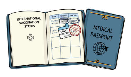 Illustration of the document confirming the vaccination. Vaccination passport with stamps and...