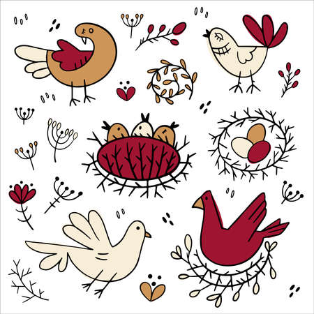 Set of images of birds. Design elements in cute doodle style. Natural style, branches, plants, eggs, nests. Black outline with colored accents on a white background.のイラスト素材