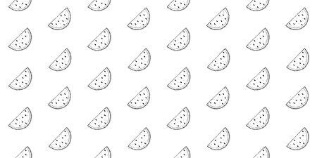 Illustration of a seamless pattern from slices of watermelon and leaves. Isolated black outline objects on a white background. Simple doodle style.のイラスト素材