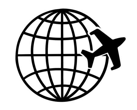 Illustration of an airplane flies around the earth. Stylized image. Simple flat style. Isolated on white background.のイラスト素材