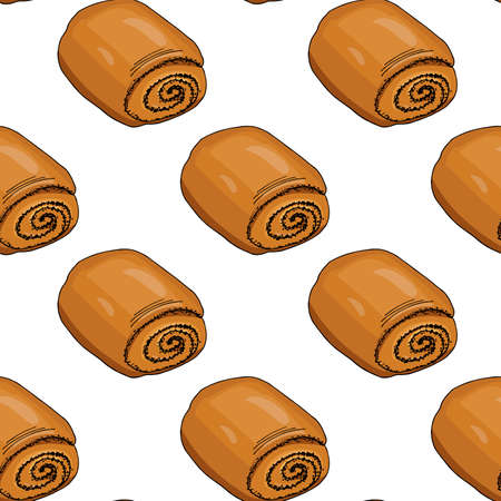 Illustration seamless pattern. Buns with poppy seeds diagonally. Isolated objects on a white background. Simple sketch doodle style.のイラスト素材