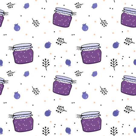 Color illustration of seamless pattern with jars of jam, blueberry and twigs. Isolated objects on a white background. Doodle cute simple style.のイラスト素材