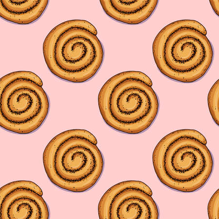 Illustration seamless pattern. Buns with poppy seeds diagonally. Isolated objects on a pink background. Simple sketch doodle style.のイラスト素材