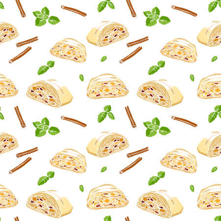 Seamless food pattern. Viennese strudel with leafs mint and cinnamon.のイラスト素材