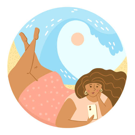 Illustration of a girl with a phone lies on the beach.のイラスト素材