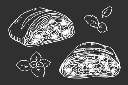 Illustration set leaf mint and slices Viennese apple strudel. Isolated objects on black background.のイラスト素材