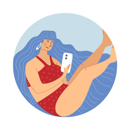Illustration of a girl in underwear with a phone in her hands.のイラスト素材