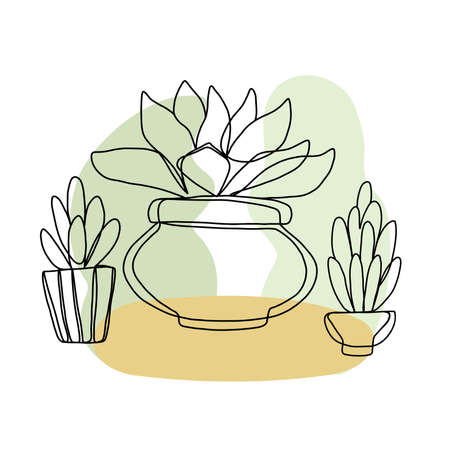 Plants are drawn with one line. Illustration of succulents in pots. Abstract colored spots on the background. Modern minimalist style.のイラスト素材