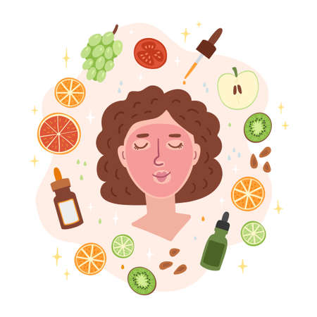 Illustration of a girl using fruit acid peeling. Apple, citrus, grape, almond acid. Facial skin care.のイラスト素材
