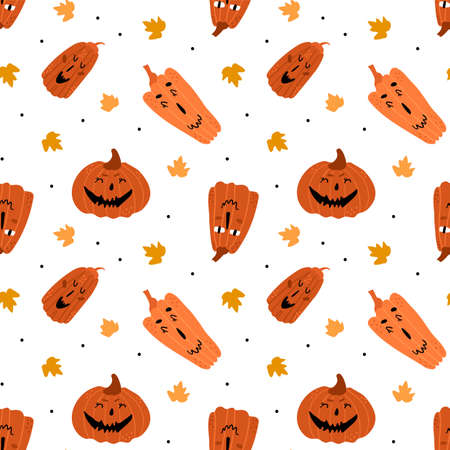 Illustration of seamless pattern with pumpkins. Festive pumpkins with funny faces on a white background. Leaves and decor elements.のイラスト素材