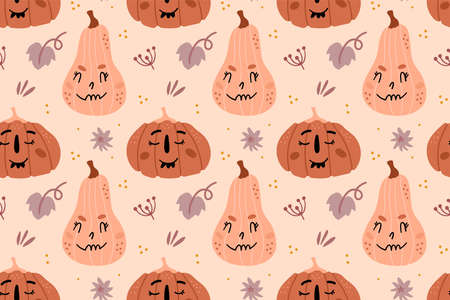 Illustration of seamless pattern with pumpkins. Festive pumpkins with funny faces on a beige background. Leaves and decor elements.のイラスト素材
