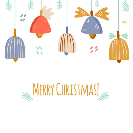 Illusion for a postcard with Christmas bells and an inscription. A ready-made template for a congratulatory card. Objects isolated on white background. Simple cute style.のイラスト素材