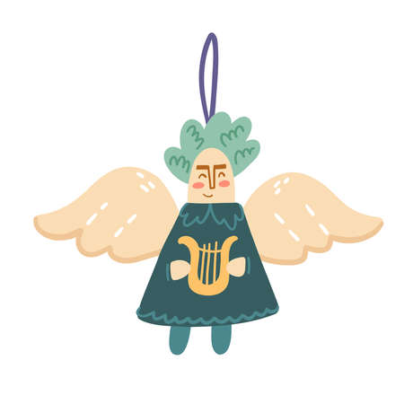 Illustration of a toy for a Christmas tree in the shape of an angel. Objects isolated on white background. Simple cute style for your design. Suitable for cards, invitations.のイラスト素材