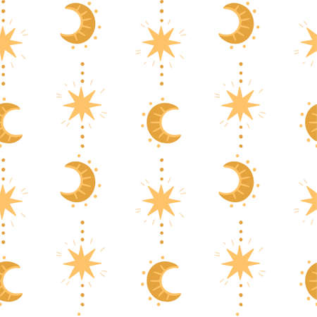 Illustration of a seamless pattern from the moon and stars. Simple cute style. Vertical direction. Astronomical, mystical, astrological themes. Objects on a white background.のイラスト素材