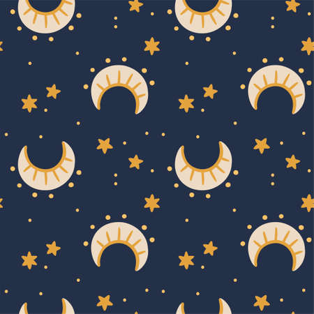 Illustration of a seamless pattern from the moon and stars. Simple cute style. Astronomical, mystical, astrological themes. Objects on a dark background.のイラスト素材