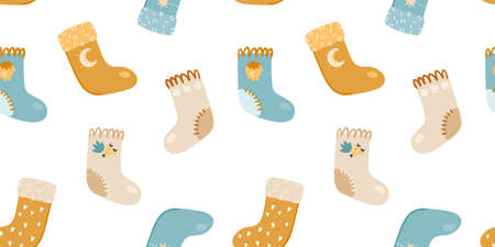 Illustration of a seamless pattern from Christmas socks. Santa socks with different designs.のイラスト素材