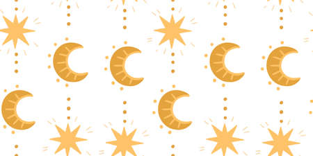 Illustration of a seamless pattern from the moon and stars. Vertical direction. Astronomical, mystical, astrological themes. Objects on a white background.のイラスト素材