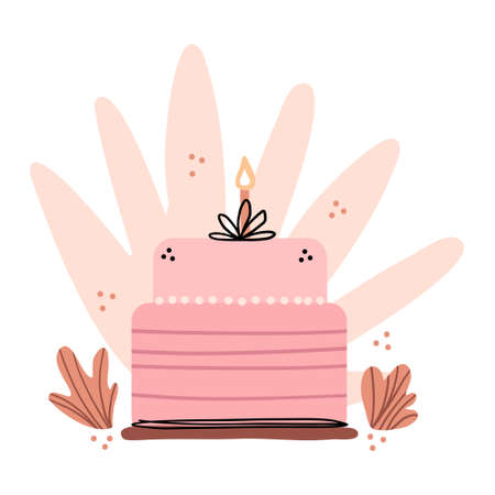 Illustration of a festive birthday cake. Cake decorated with candles for a baby party. Simple cute...