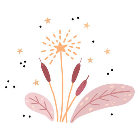 Illustration of a festive plant with a sparkler. Simple cute style for kids. Wall sticker, card, invitation, party decoration.のイラスト素材
