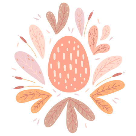 Illustration of an egg surrounded by plant elements. Simple cute style for kids. Wall sticker, card, invitation, party decoration.のイラスト素材