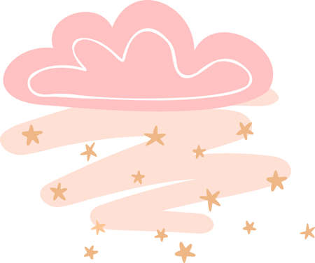 Illustration of a cloud and a rain of stars. Simple cute style for kids. Wall sticker, card, invitation, party decoration.のイラスト素材