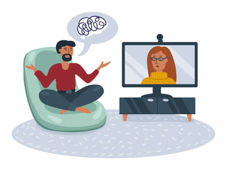 Illustration of an online psychotherapy session. The man in the chair in front of the monitor. A conversation with a doctor. Simple cute style.のイラスト素材