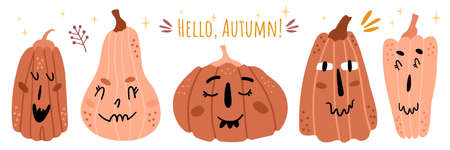 Illustration set of pumpkins with faces. Funny characters with different emotions. Simple cute style. universal use.のイラスト素材