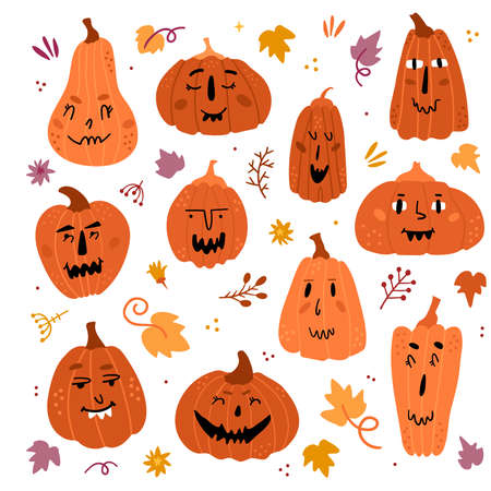 Illustration set of pumpkins with faces. Funny characters with different emotions. Simple cute style. universal use.のイラスト素材