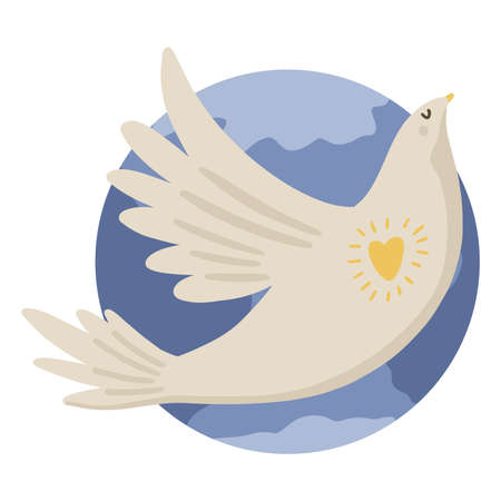 An illustration of a dove is flying on the background of the globe. Symbolizes world peace, stopping the war, truce, hope. Isolated objects on a white background. Simple style.のイラスト素材