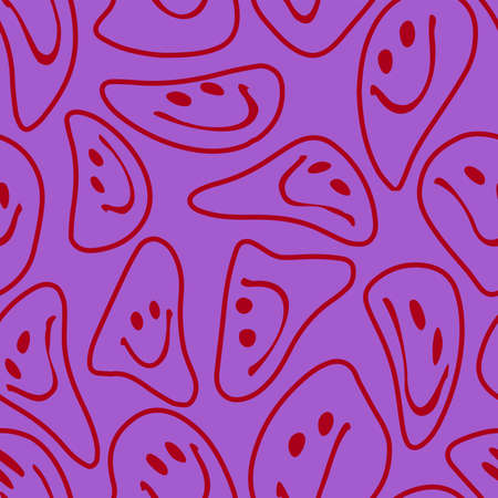 Illustration of a seamless groovy and trippy pattern. Deformed melted emoji in vintage style.