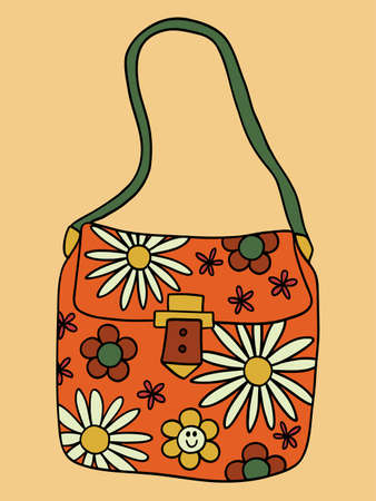 Illustration of a sticker from the 1970s set. Shoulder bag with flower painting. Accessory for hippies. Bright memorable design.のイラスト素材