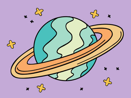 Sticker illustration from the 1970s set. Planet with stars. Bright memorable design.