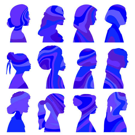 Illustration set of profiles of girls of different nationalities. Stained paint fills the silhouette. Bright memorable design.のイラスト素材
