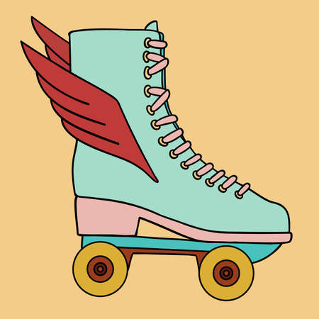 Illustration of a sticker from the 1970s set. Roller skate with wings. Bright memorable design.のイラスト素材